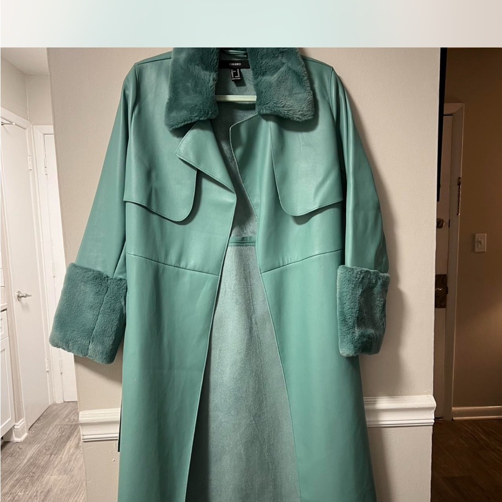 Forever 21 Mint Green Faux Fur Trim Trench Coat